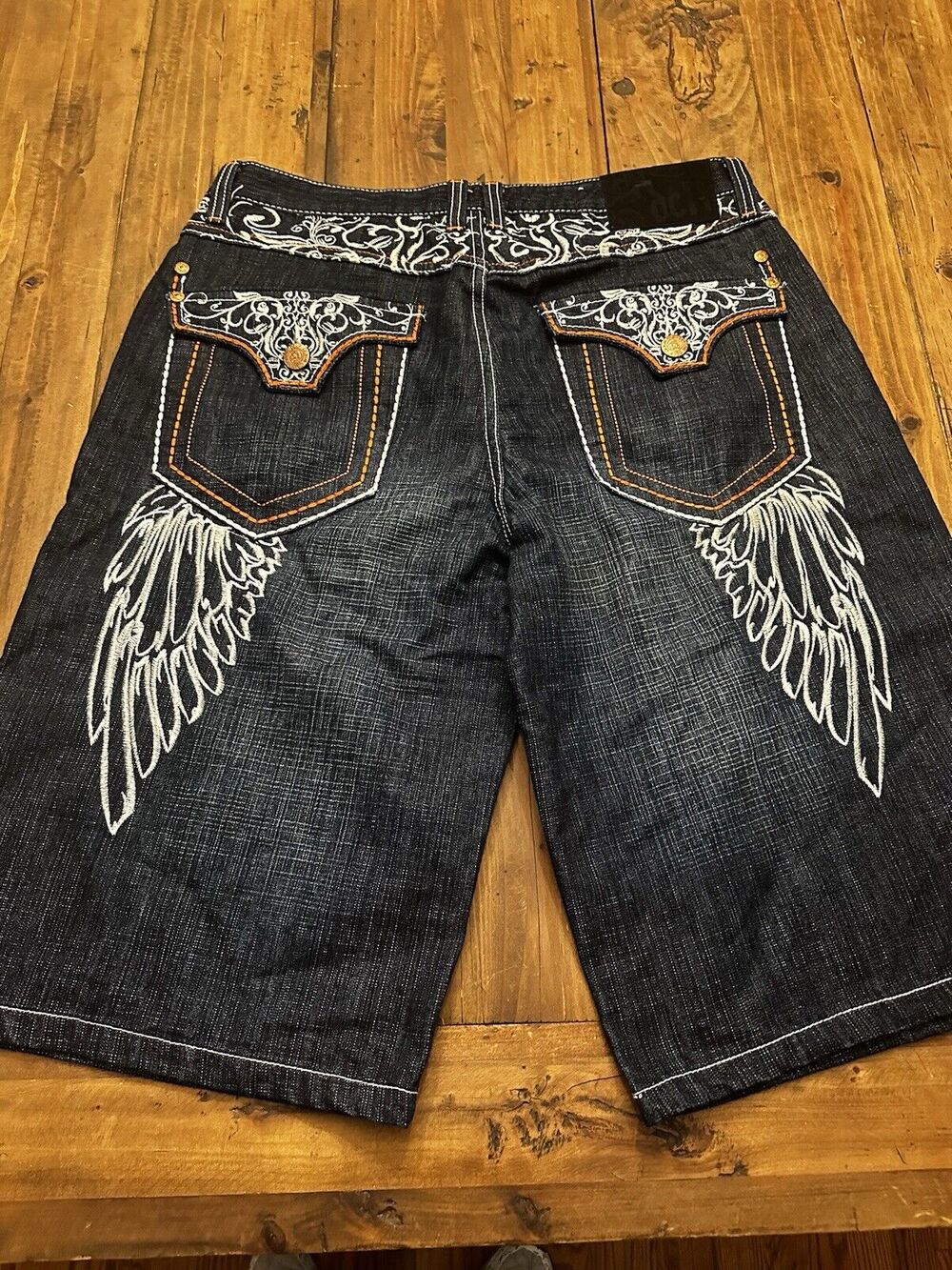 Delf Baggy Jean Shorts Mens 38 Y2K Embroidered Mall Goth Skater Grunge Graffiti